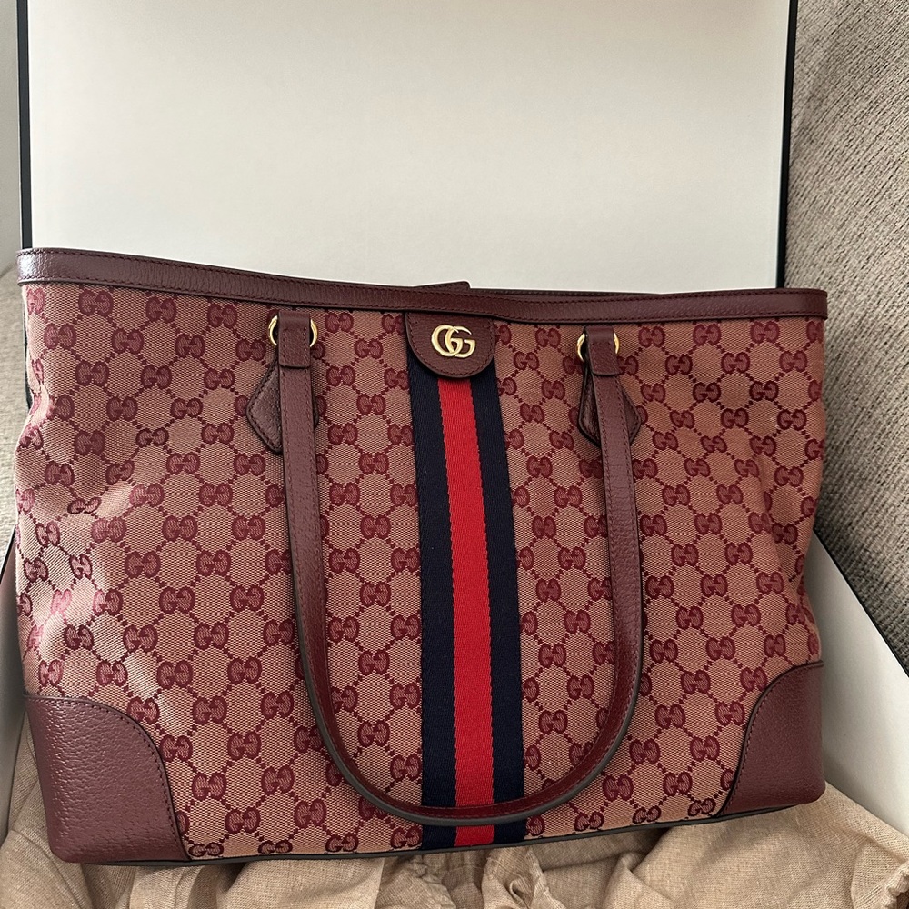 Gucci Monogram Medium Ophidia Shopping Tote Sahara Rubino Burgundy